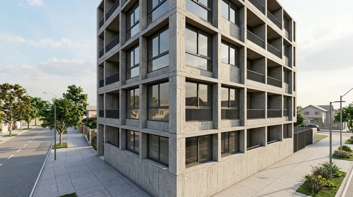 Garantía de un departamento nuevo: edificio de departamentos en obra gruesa terminada, antes de las terminaciones de fachada.