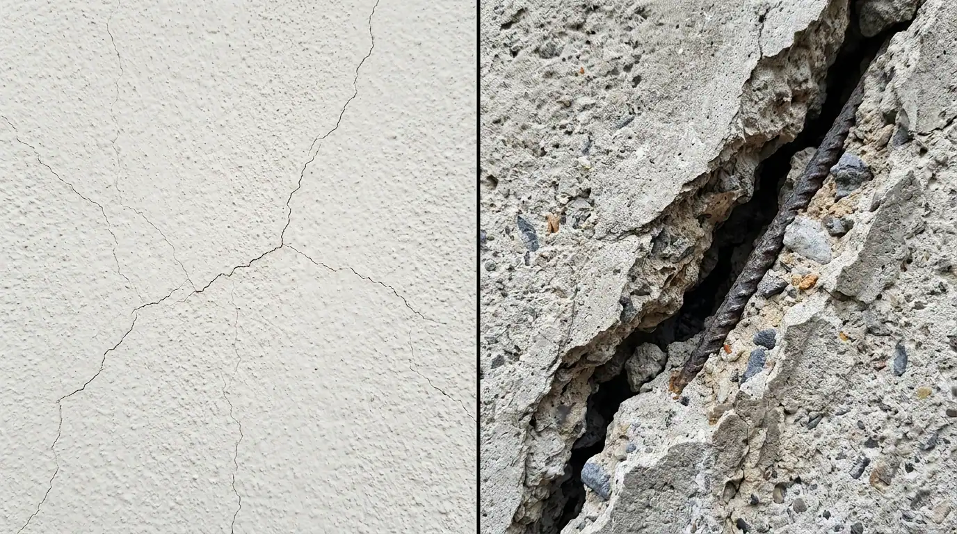 Grieta en la pared: comparación entre una fisura fina superficial del estuco y una grieta profunda que atraviesa el hormigón.