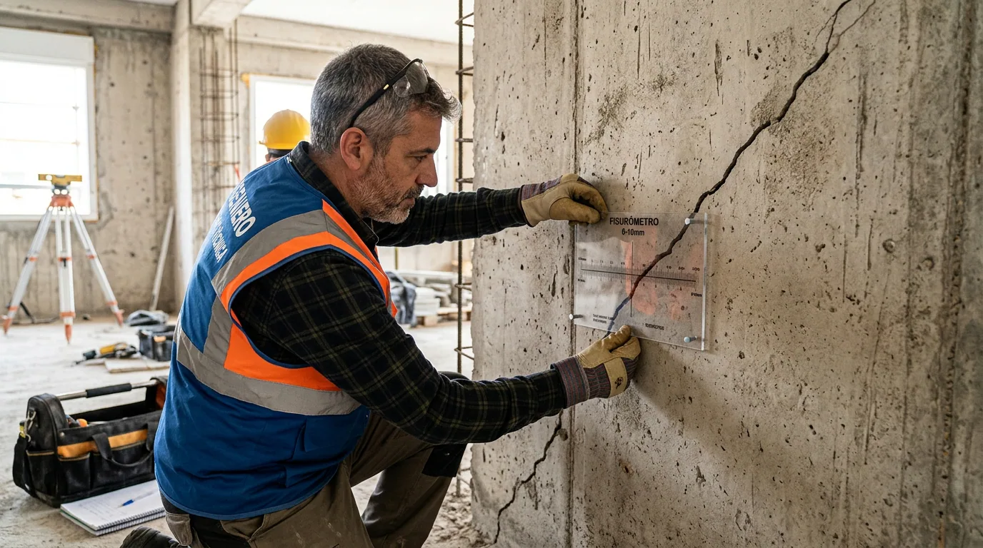 Grieta en la pared: técnico midiendo con fisurómetro una grieta diagonal en un muro de hormigón.