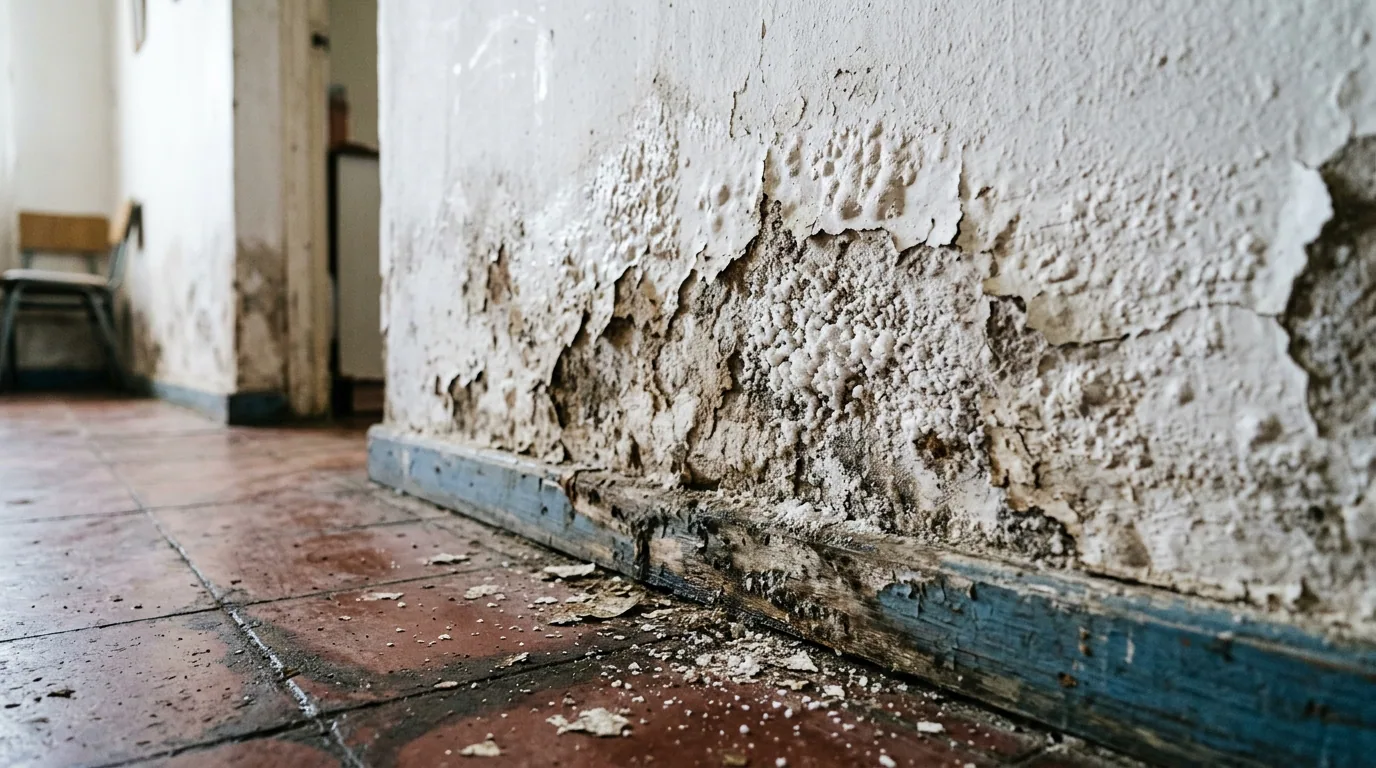 Humedad que sube por la pared: zócalo de un muro con estuco disgregado y eflorescencias salinas producto de humedad ascendente.