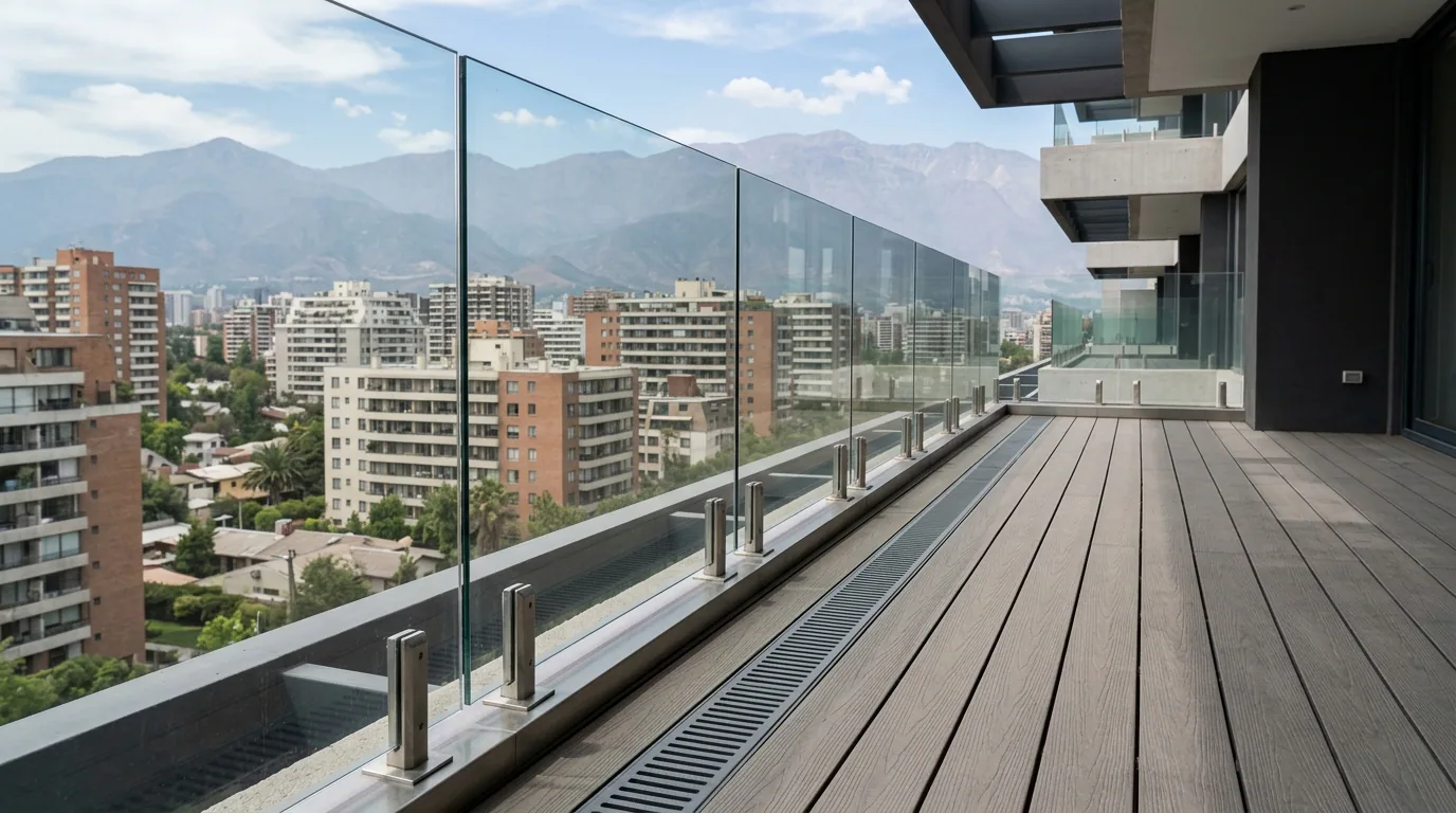 Recibir un departamento nuevo: balcón de un departamento nuevo con baranda de cristal y piso de madera sintética.