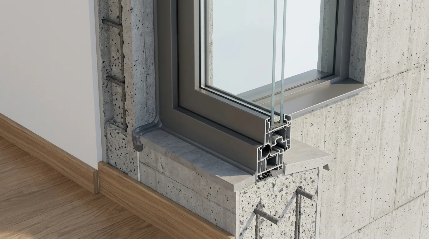 Recibir un departamento nuevo: detalle del encuentro entre el marco de una ventana y el muro de hormigón, con el sello a la vista.