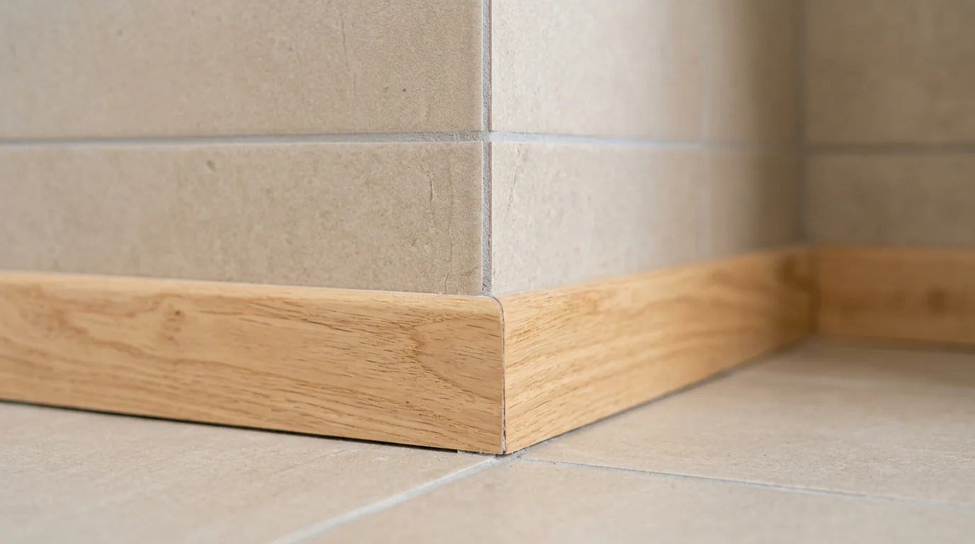 Recibir un departamento nuevo: detalle de un guardapolvo de madera en el encuentro entre el muro y el piso cerámico.