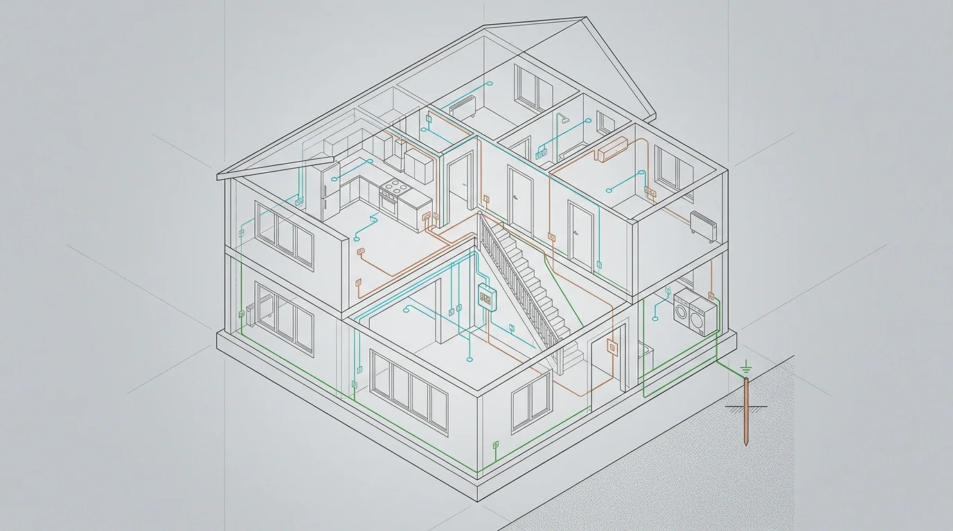 Instalación eléctrica de una casa antigua: esquema en perspectiva de una vivienda con el recorrido de sus circuitos eléctricos.