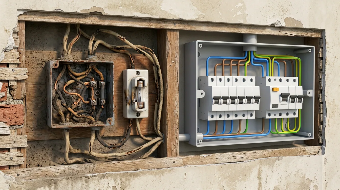 Instalación eléctrica de una casa antigua: comparación entre un tablero eléctrico antiguo con cableado de tela y un tablero nuevo normalizado.