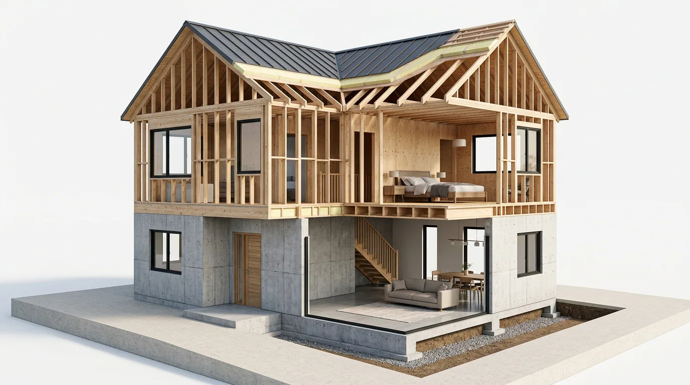 Jacuzzi en la terraza: modelo en corte de una vivienda que deja ver su estructura de madera y hormigón.