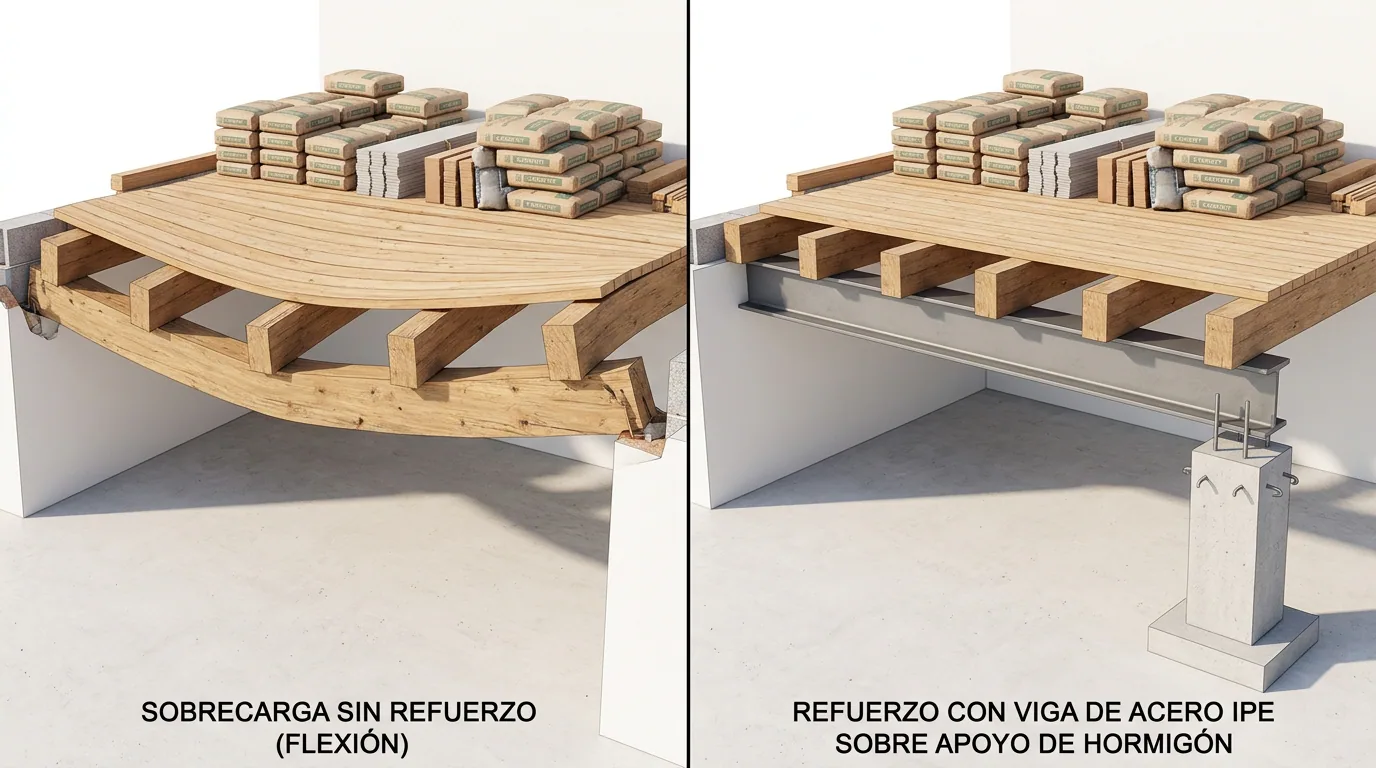 Jacuzzi en la terraza: comparación de una losa sobrecargada sin refuerzo y la misma losa con una viga de acero de apoyo.