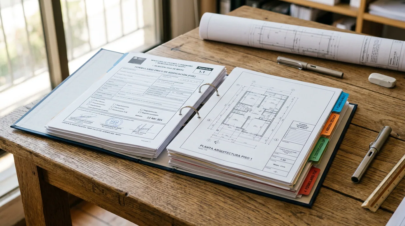 Planos para la Ley del Mono: carpeta anillada abierta con planos de arquitectura y separadores de color sobre una mesa de trabajo.