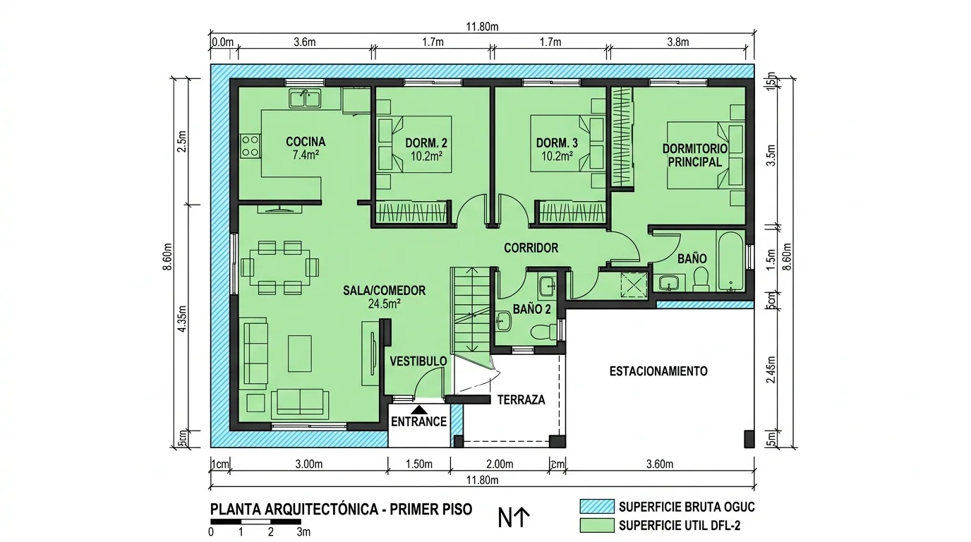 Requisitos de la Ley del Mono: planta de arquitectura de un primer piso con la superficie útil y la superficie construida diferenciadas