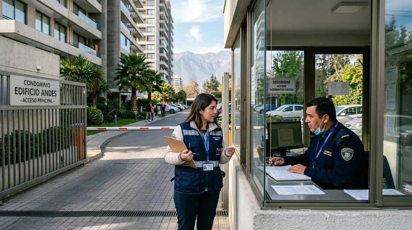 Llevar a alguien a la entrega: profesional registrando su ingreso en la portería de acceso de un condominio.