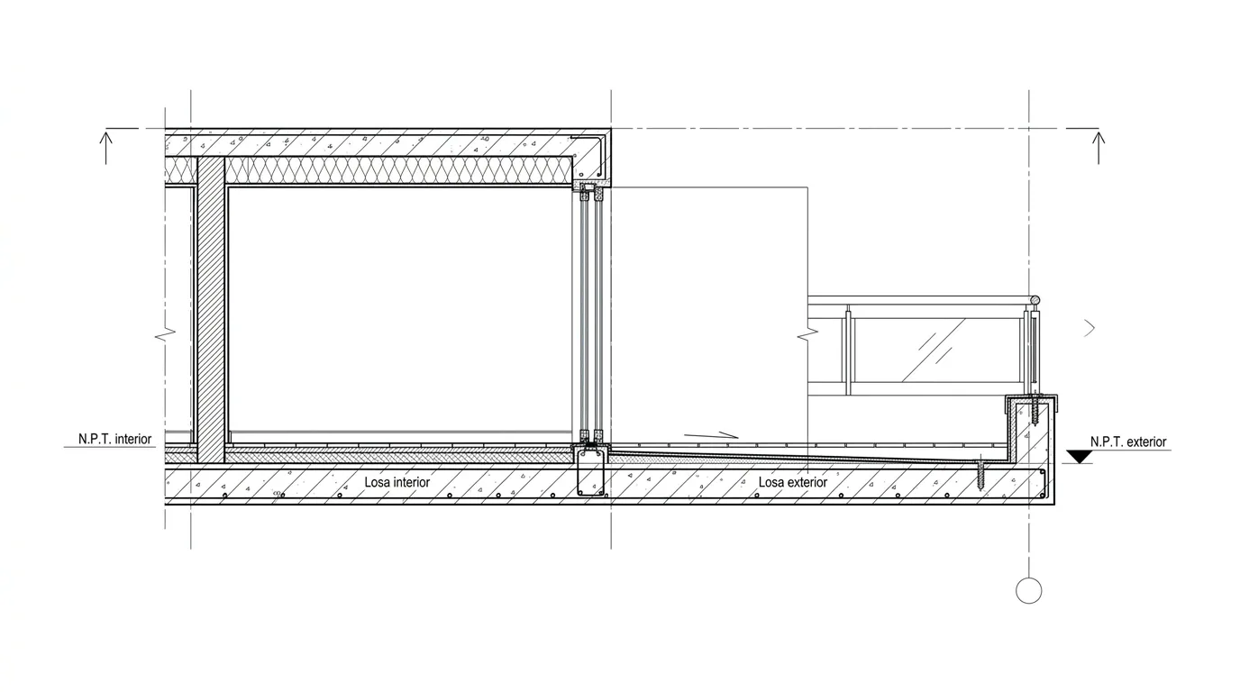 Metros útiles y metros totales: detalle constructivo del encuentro entre losa interior y exterior, con los niveles de piso terminado acotados.