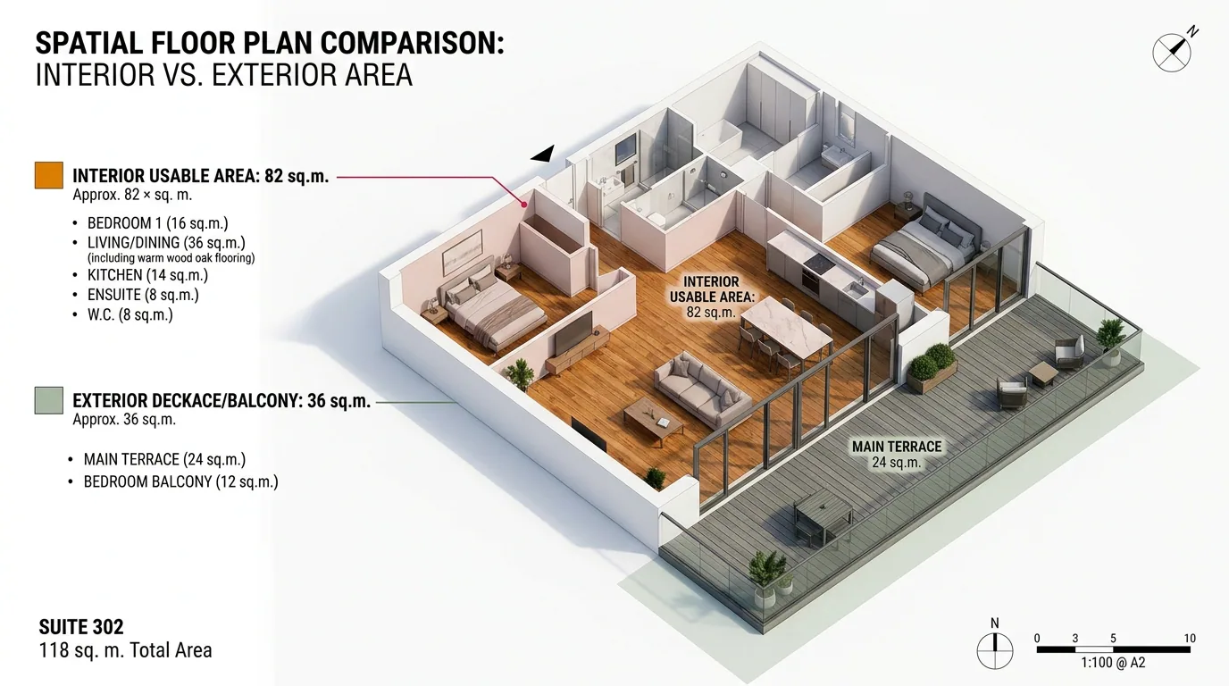 Metros útiles y metros totales: comparación en perspectiva de la superficie interior de un departamento y la de sus terrazas y balcones.