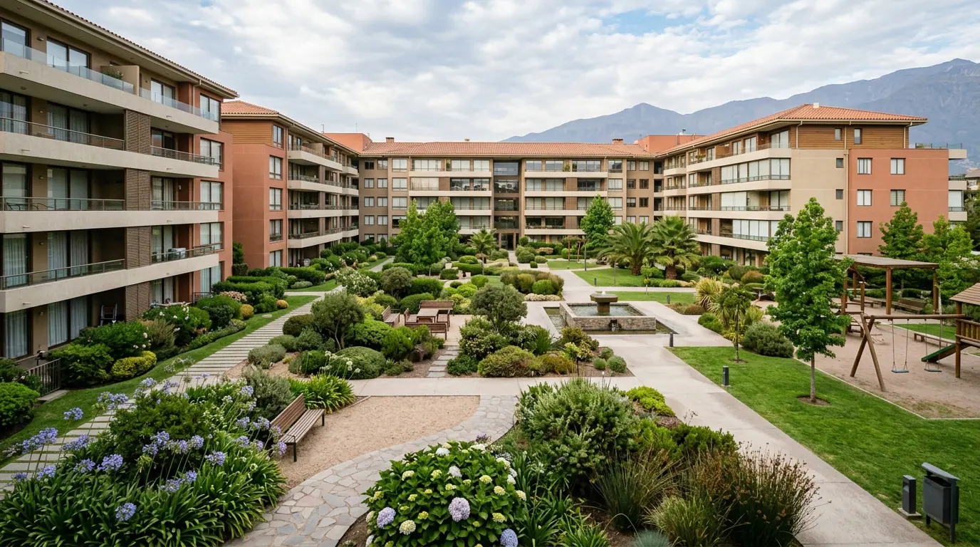 Obligaciones del administrador: patio interior de un condominio con áreas verdes, senderos y juegos infantiles.