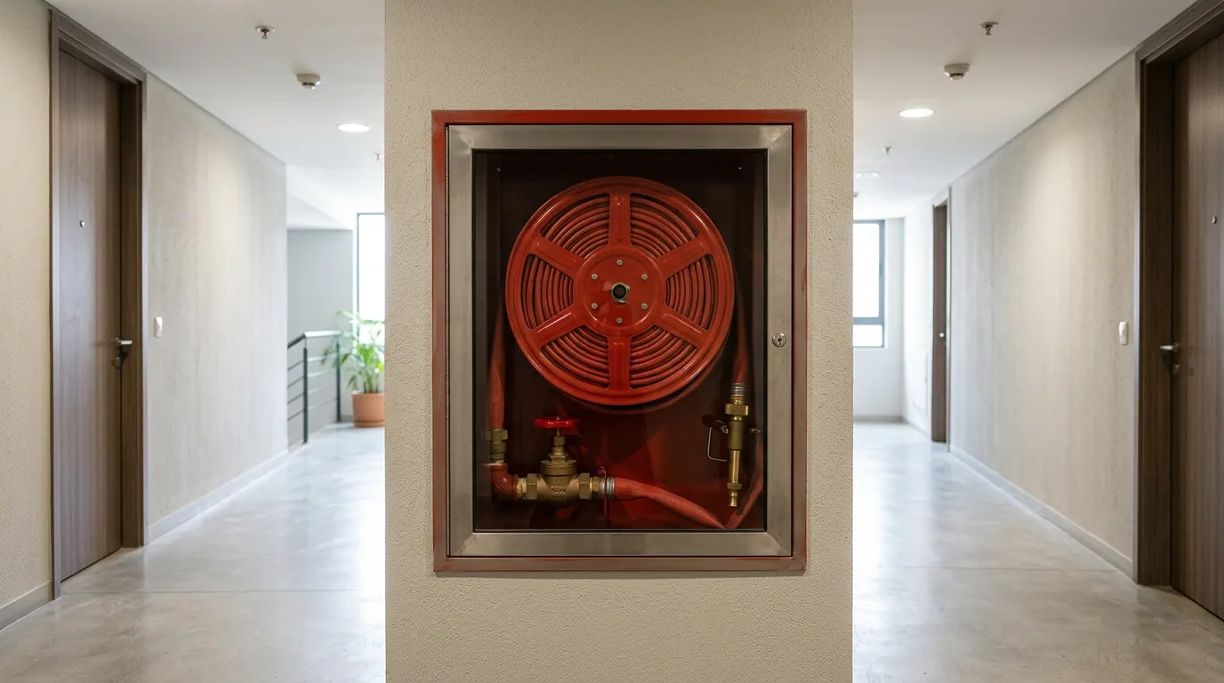 Obligaciones del administrador: gabinete de red húmeda con manguera enrollada en el pasillo común de un edificio.