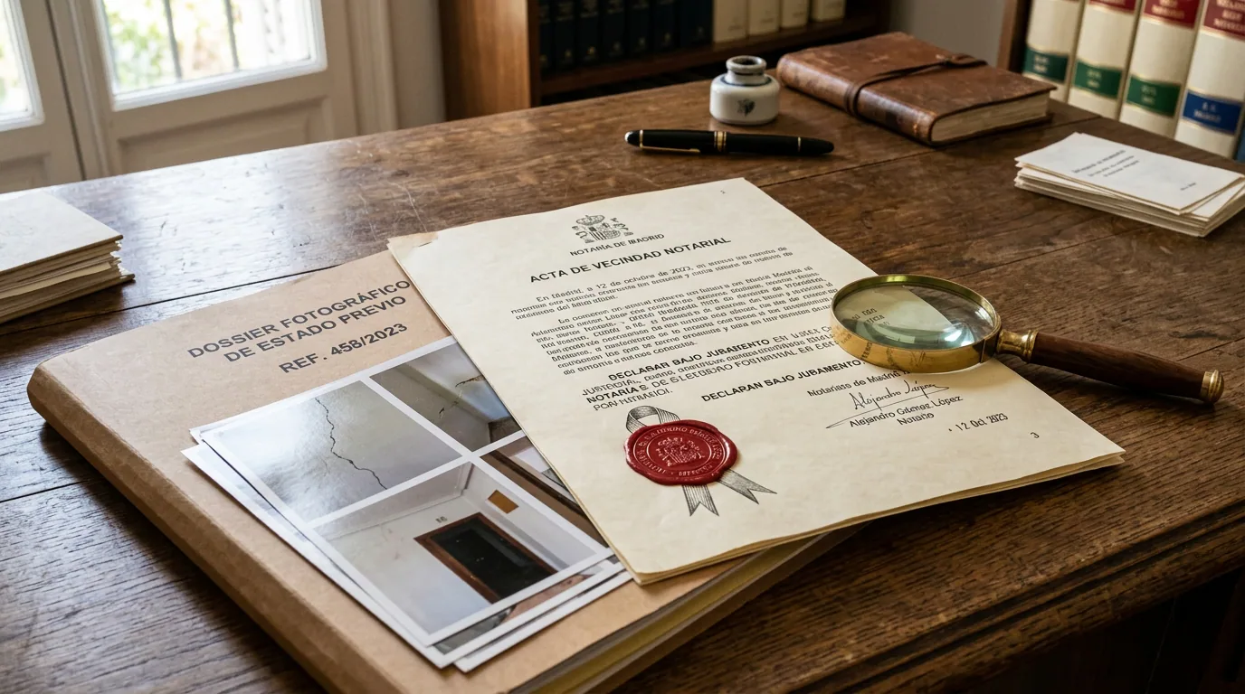 Obra del vecino: acta de vecindad notarial con sello de lacre junto al dossier fotográfico del estado previo y una lupa.