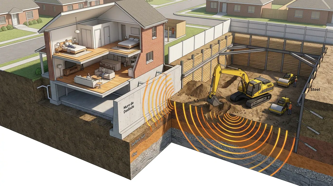 Obra del vecino: corte que muestra una excavación vecina y la propagación de las vibraciones hacia la vivienda contigua.