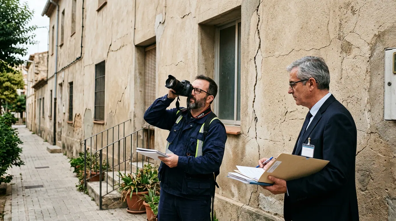 Obra del vecino: dos profesionales registrando el estado previo de la fachada de una vivienda antes de una obra vecina.