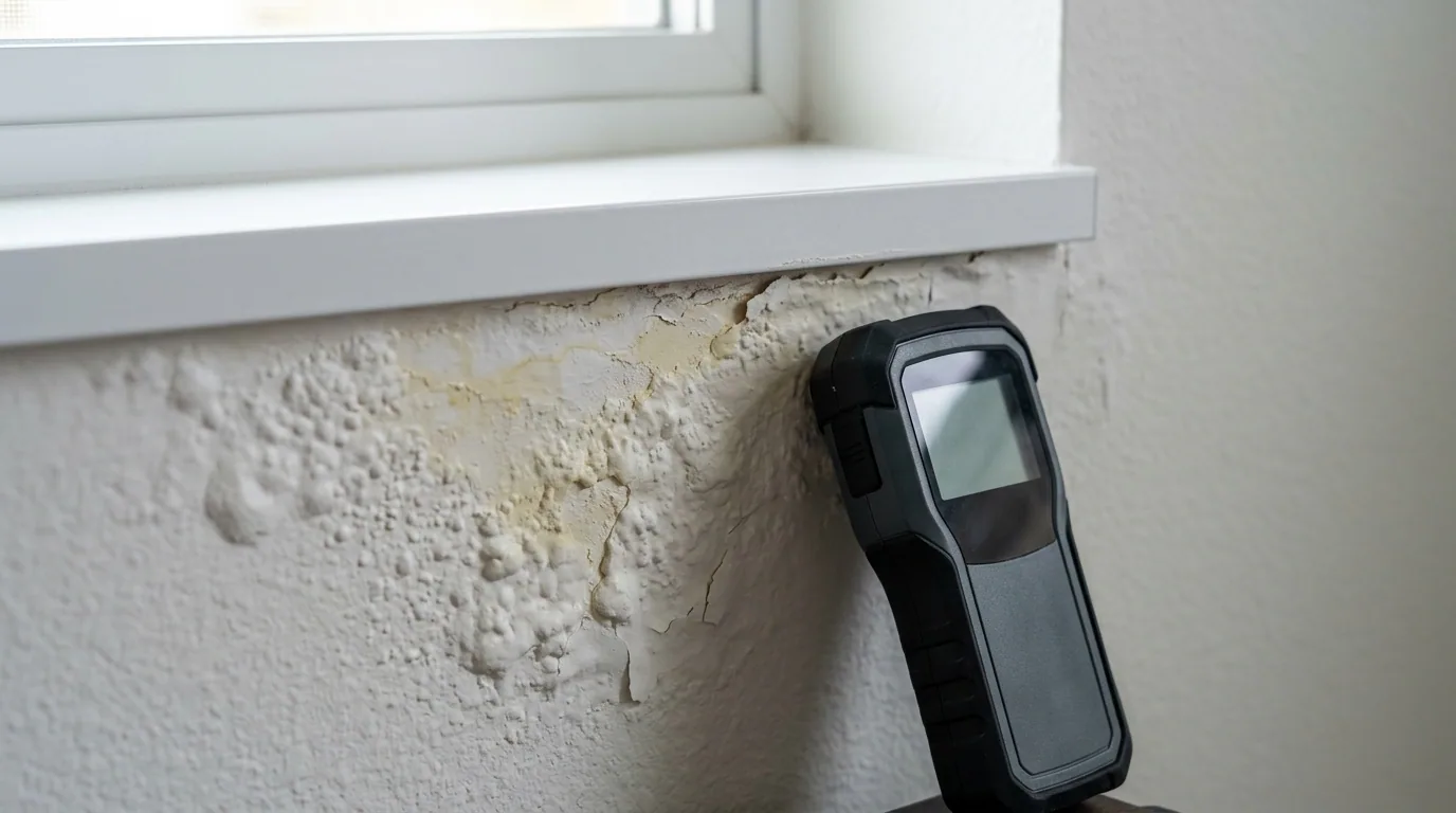 La inmobiliaria dice que es mal uso: mancha de humedad con pintura ampollada bajo el marco de una ventana de aluminio blanco, y un medidor de humedad apoyado en el muro.
