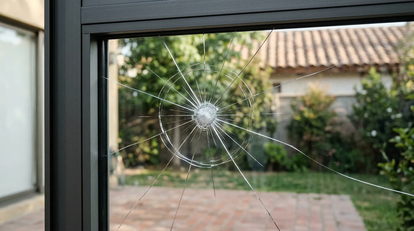 Qué puede descontar el arrendador: cristal de un ventanal corredera trizado en forma radial desde un punto de impacto.
