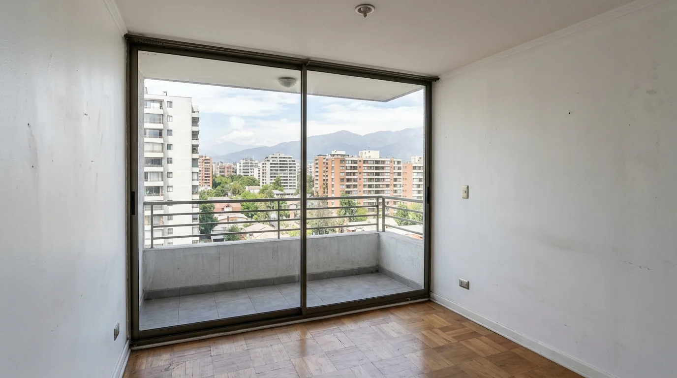 Qué puede descontar el arrendador: recinto vacío de un departamento con ventanal a un balcón, al momento de la restitución.