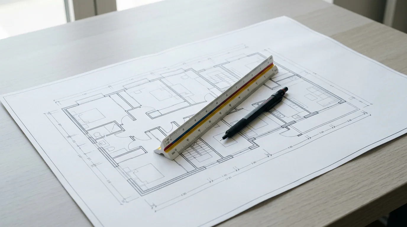 Publicaciones sobre construcción y conflictos de propiedad: plano técnico de arquitectura sobre mesa de trabajo, usado para revisar una regularización
