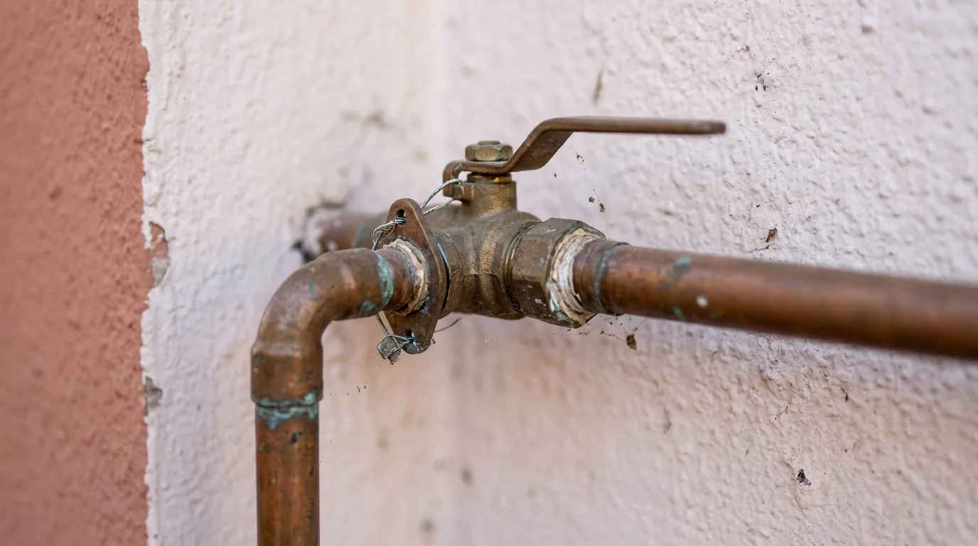 Revisar la casa antes de vender: llave de paso de cobre en el muro exterior de una vivienda, con marcas de oxidación.