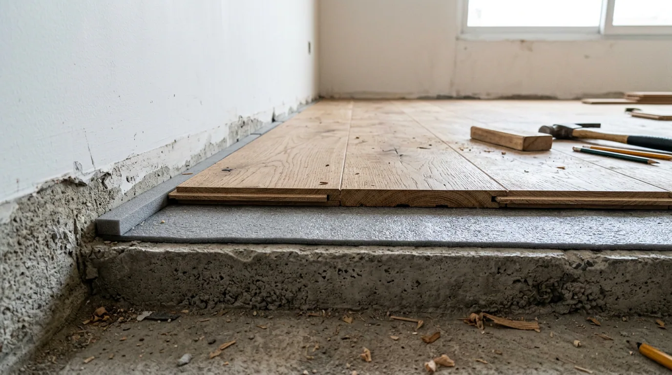 Ruido de pasos del vecino de arriba: piso de madera en instalación sobre una losa de hormigón, con la lámina de aislación intermedia.