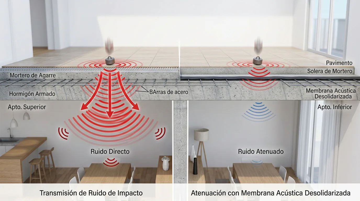 Ruido de pasos del vecino de arriba: comparación del paso del ruido de impacto entre dos departamentos, con y sin membrana acústica bajo el piso.