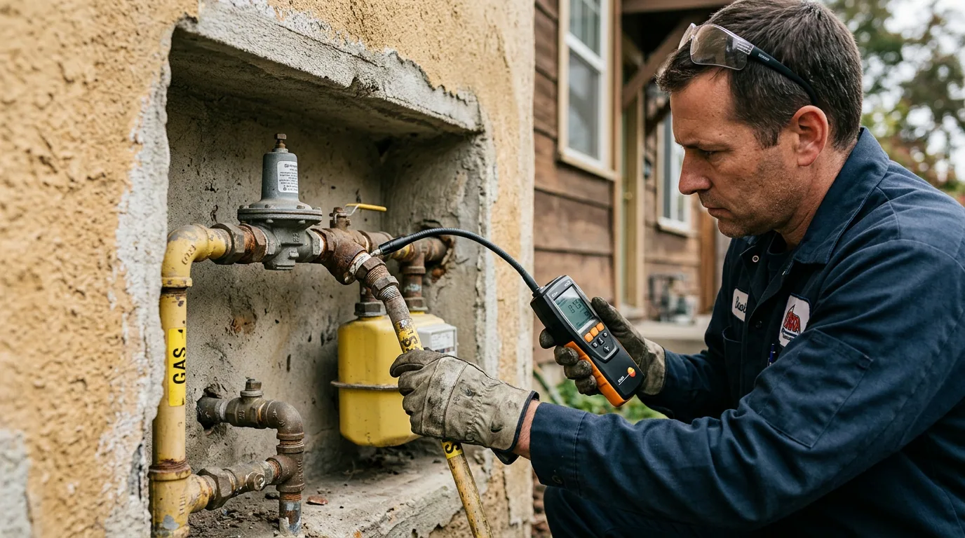 Sello rojo de gas: técnico midiendo con instrumento un regulador de gas en el nicho exterior de una vivienda.