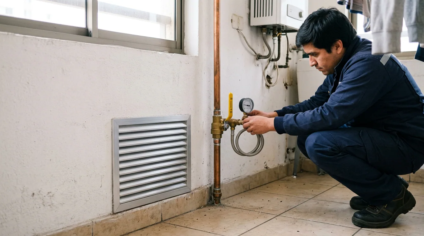 Sello rojo de gas: técnico revisando la instalación de gas junto a la rejilla de ventilación de un recinto.