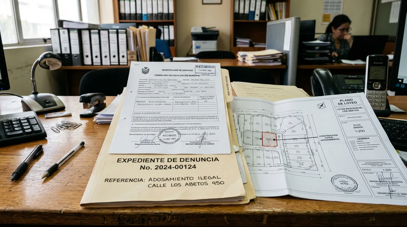 El vecino construyó pegado a mi casa: expediente de denuncia abierto sobre un mostrador municipal, con el plano de loteo y el timbre de recepción.