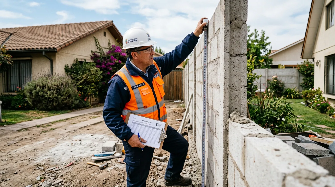 El vecino construyó pegado a mi casa: inspector midiendo con huincha la altura de un muro construido sobre el deslinde entre dos propiedades.