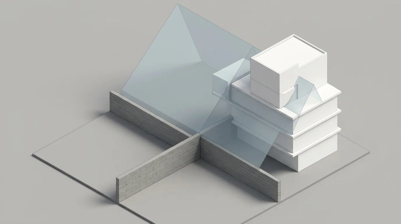 El vecino construyó pegado a mi casa: modelo volumétrico de una edificación con el plano de rasantes que limita su altura sobre el deslinde.