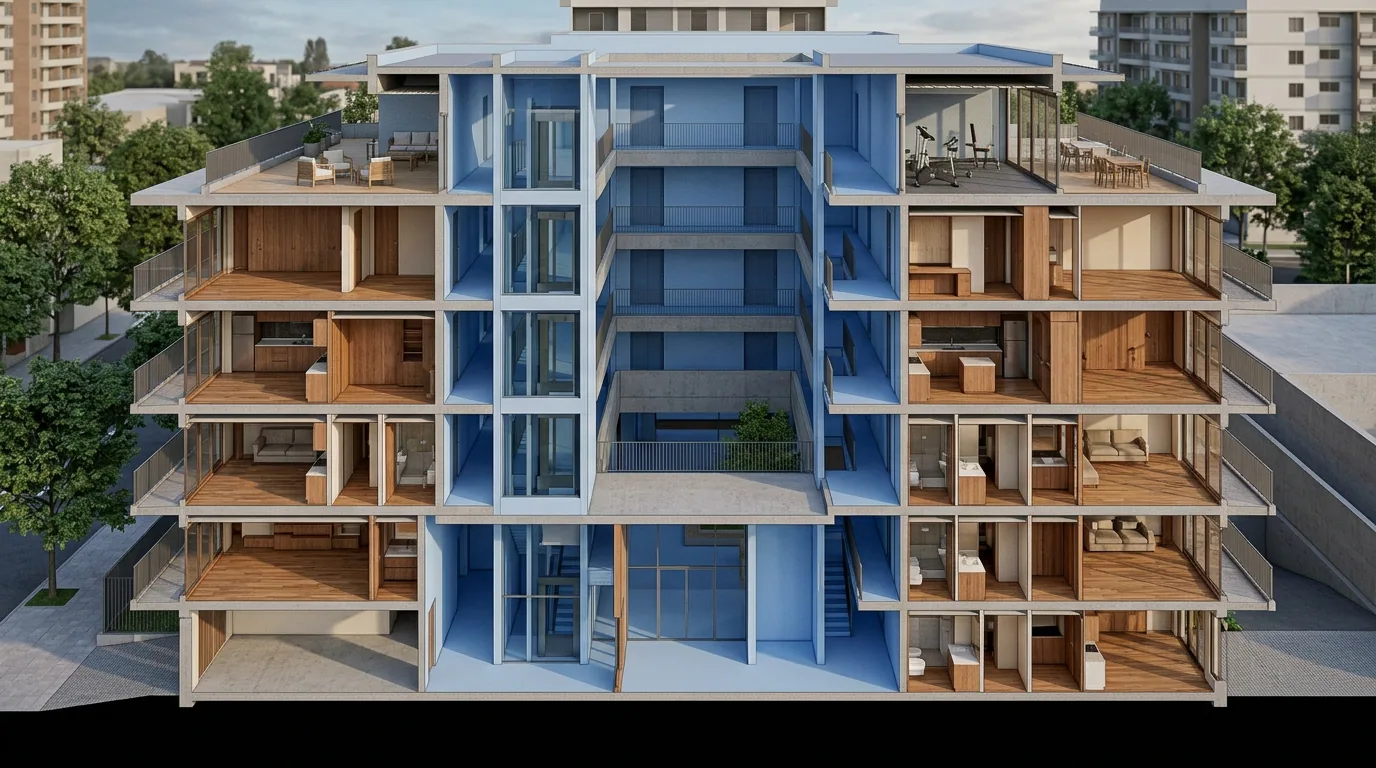 Filtración por las ventanas de un departamento nuevo: corte en perspectiva de un edificio que deja ver la estructura y los recintos de varios pisos.
