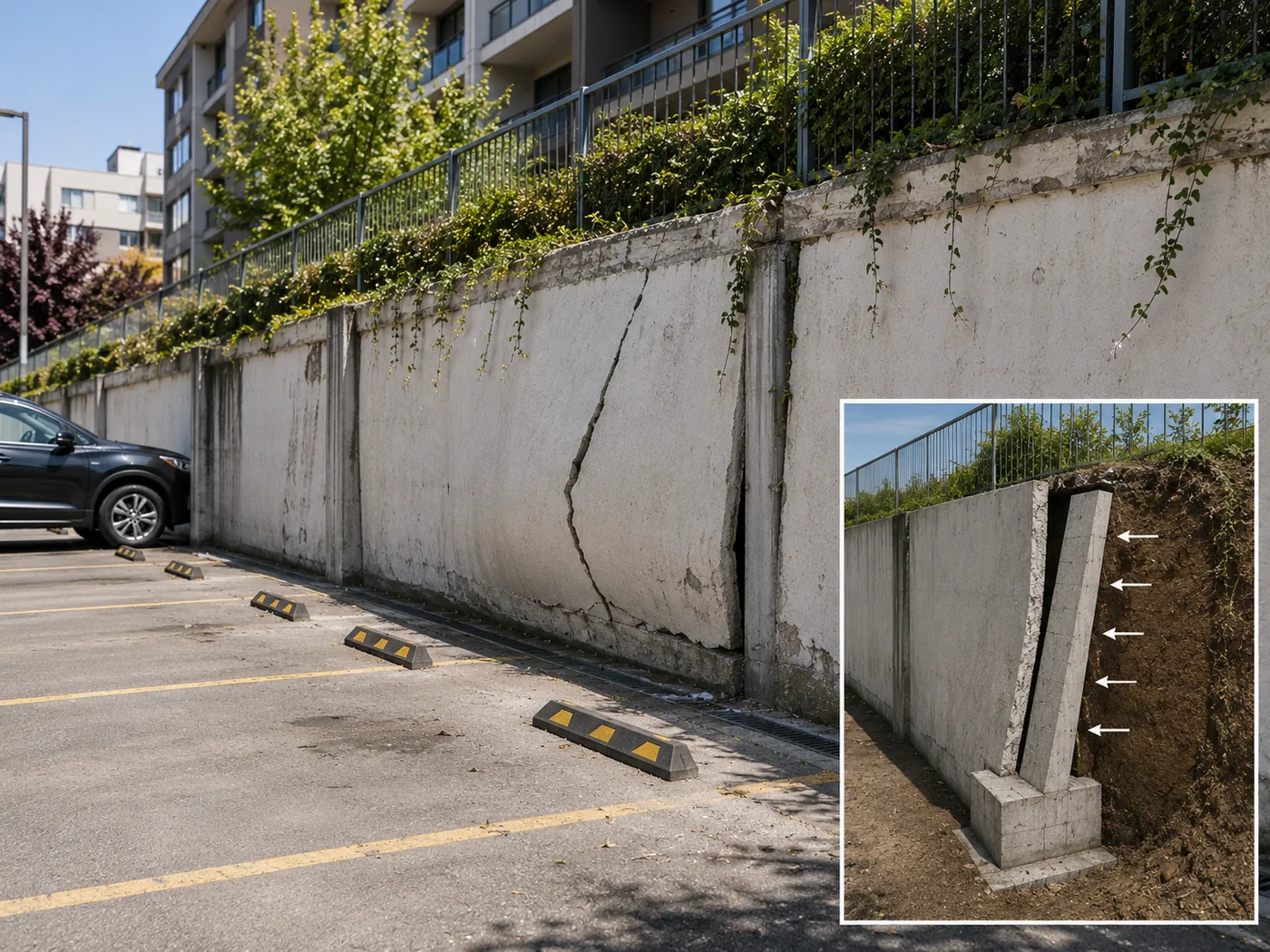 Administrador de comunidad con respaldo técnico: muro de contención agrietado en el estacionamiento de un edificio, con un detalle ampliado de la fisura