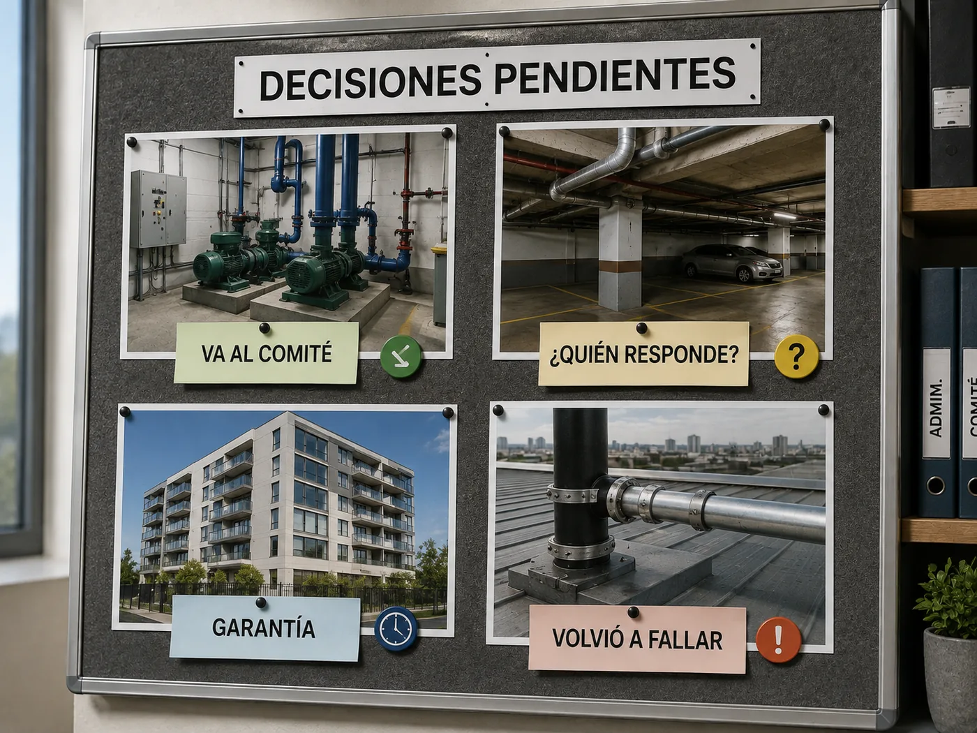 Respaldo técnico para administradores de comunidades: panel con las decisiones pendientes de una comunidad, de la sala de bombas al estacionamiento