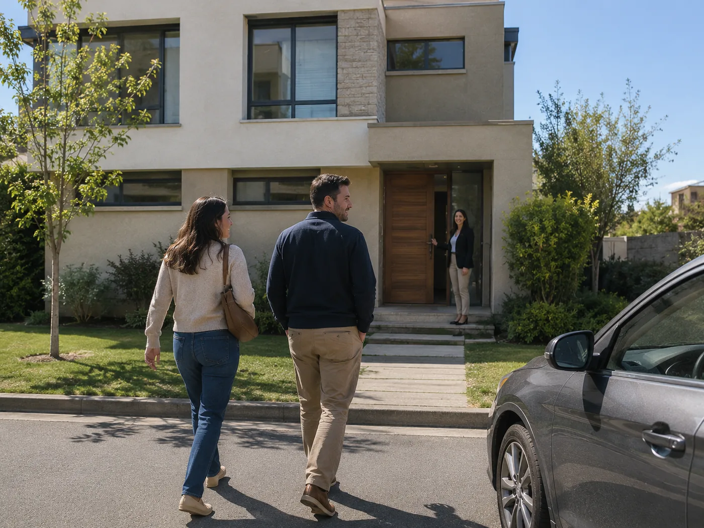 Antes de firmar la compra de una casa usada: una pareja camina hacia la casa que va a visitar, donde la corredora los espera en la puerta