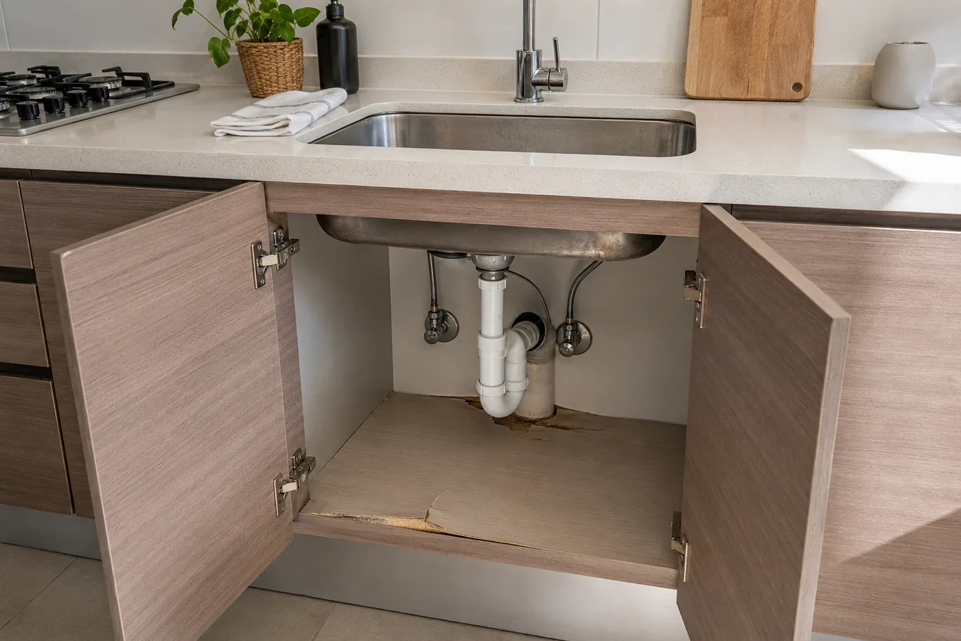 Comprar una casa usada antes de firmar: mueble bajo el lavaplatos de una cocina, con el fondo hinchado y descascarado por humedad