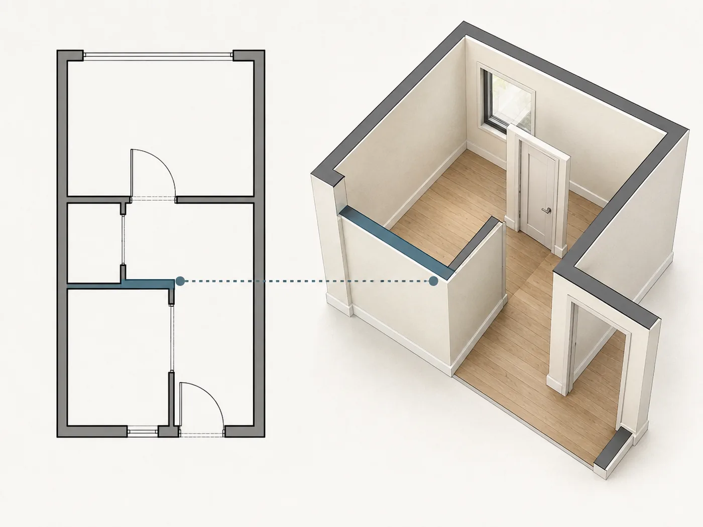 Casa usada revisada antes de comprar: plano de una vivienda junto al mismo recinto en tres dimensiones, con un muro destacado en los dos