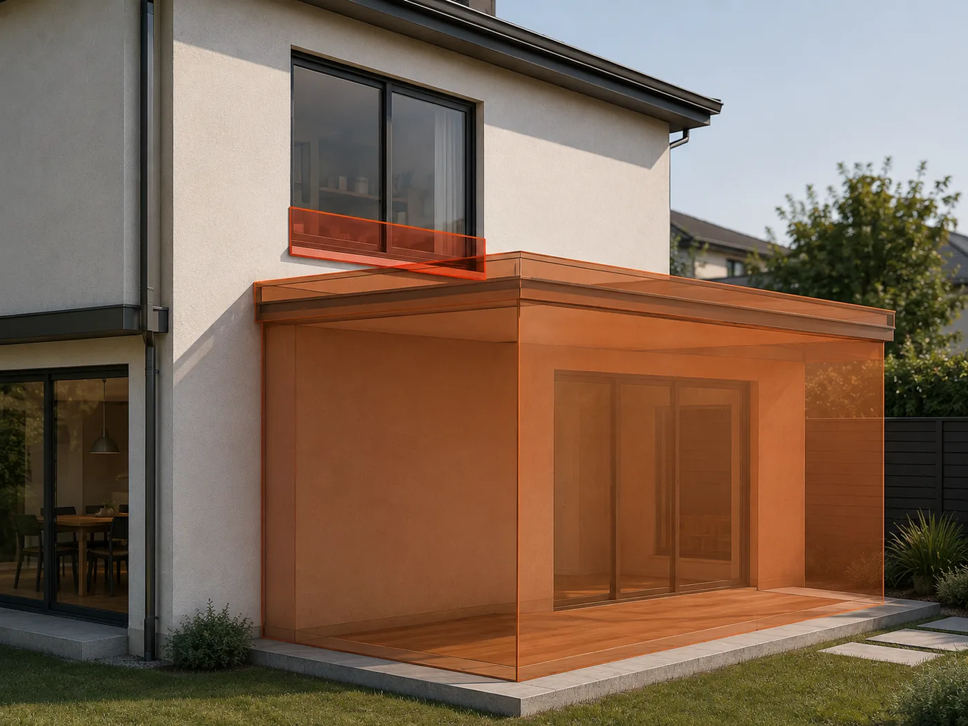 Antes de ampliar o remodelar una vivienda: volumen de una ampliación proyectada sobre la terraza de una casa