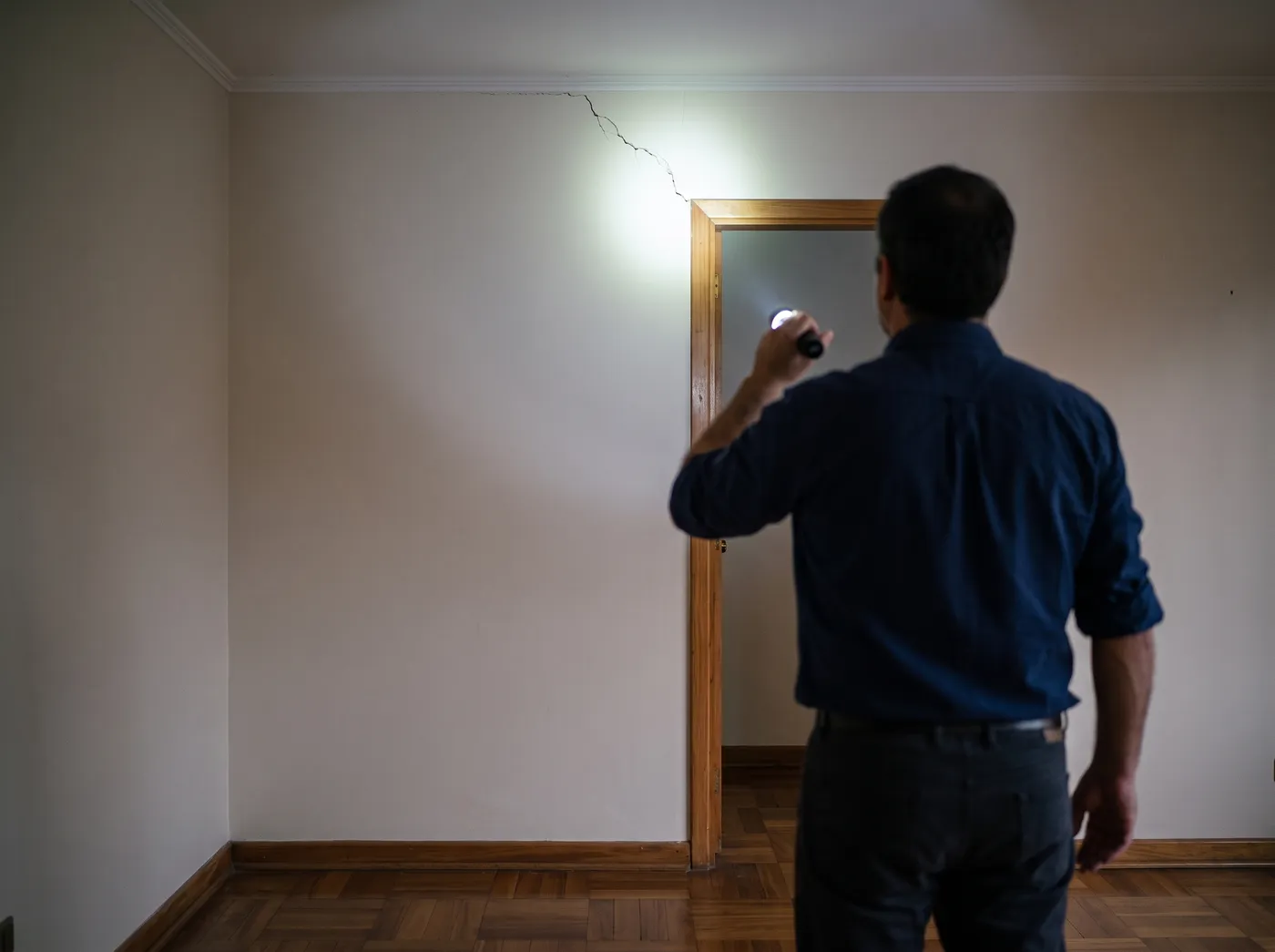 Cerrar la terraza o botar un muro: persona revisando con una linterna una grieta junto al marco de una puerta, en una vivienda vacía