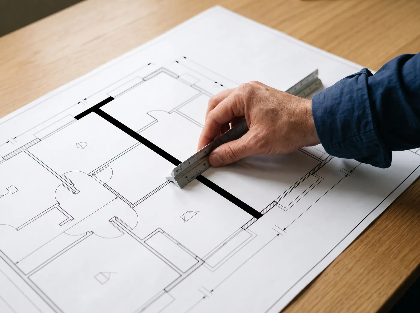 Ampliación y remodelación antes de construir: mano con un escalímetro sobre el plano de una vivienda, con uno de los muros marcado en negro