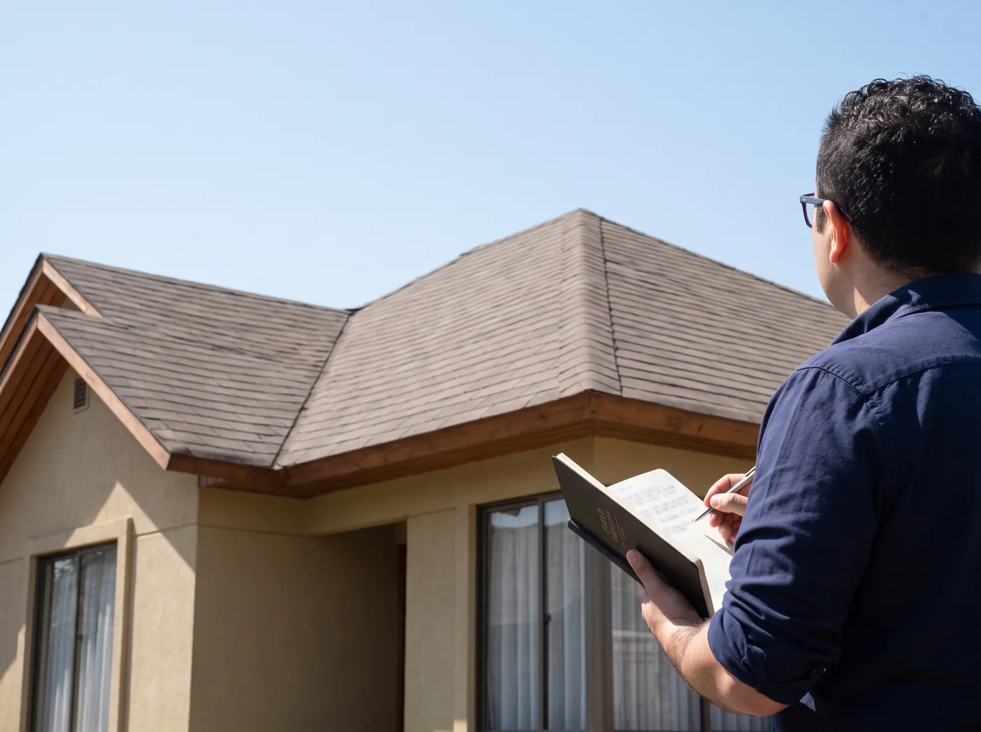 Antes de ampliar o remodelar una vivienda: persona con una libreta observando la techumbre de una vivienda de un piso desde el patio