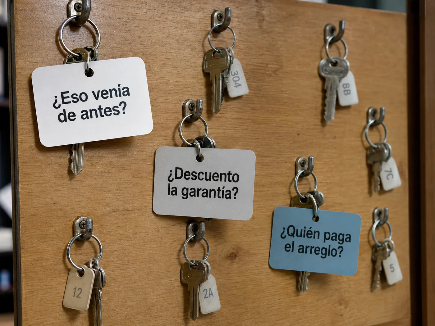 De dónde viene el daño en una propiedad en venta: tablero de llaves de una corredora con etiquetas colgando: ¿eso venía de antes?, ¿descuento la garantía?