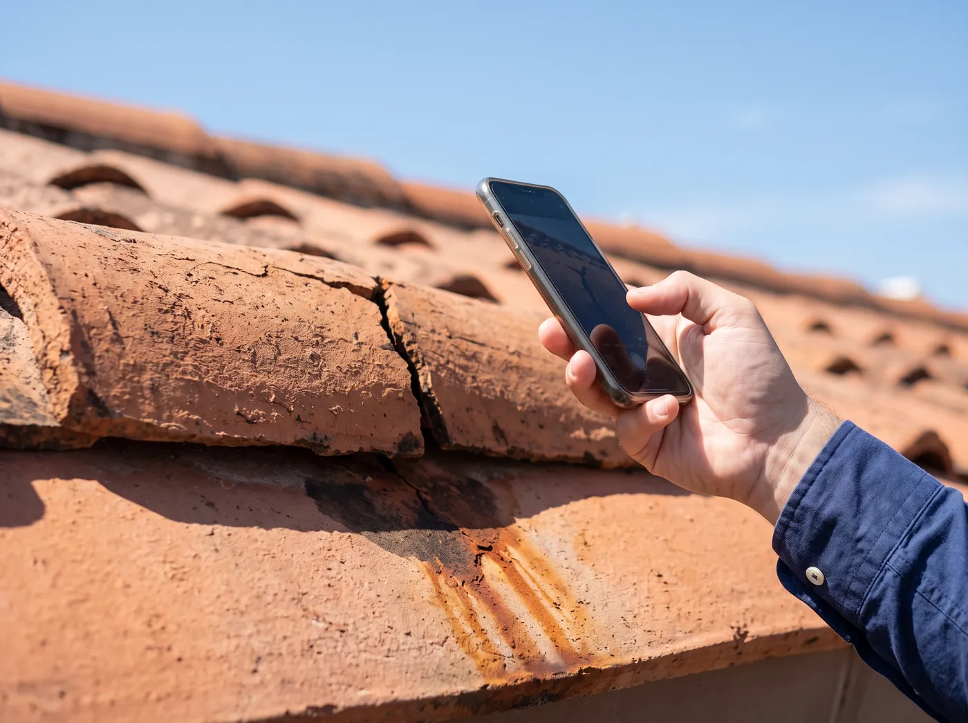 Opinión técnica independiente como respaldo: mano fotografiando con el teléfono una teja quebrada en la techumbre