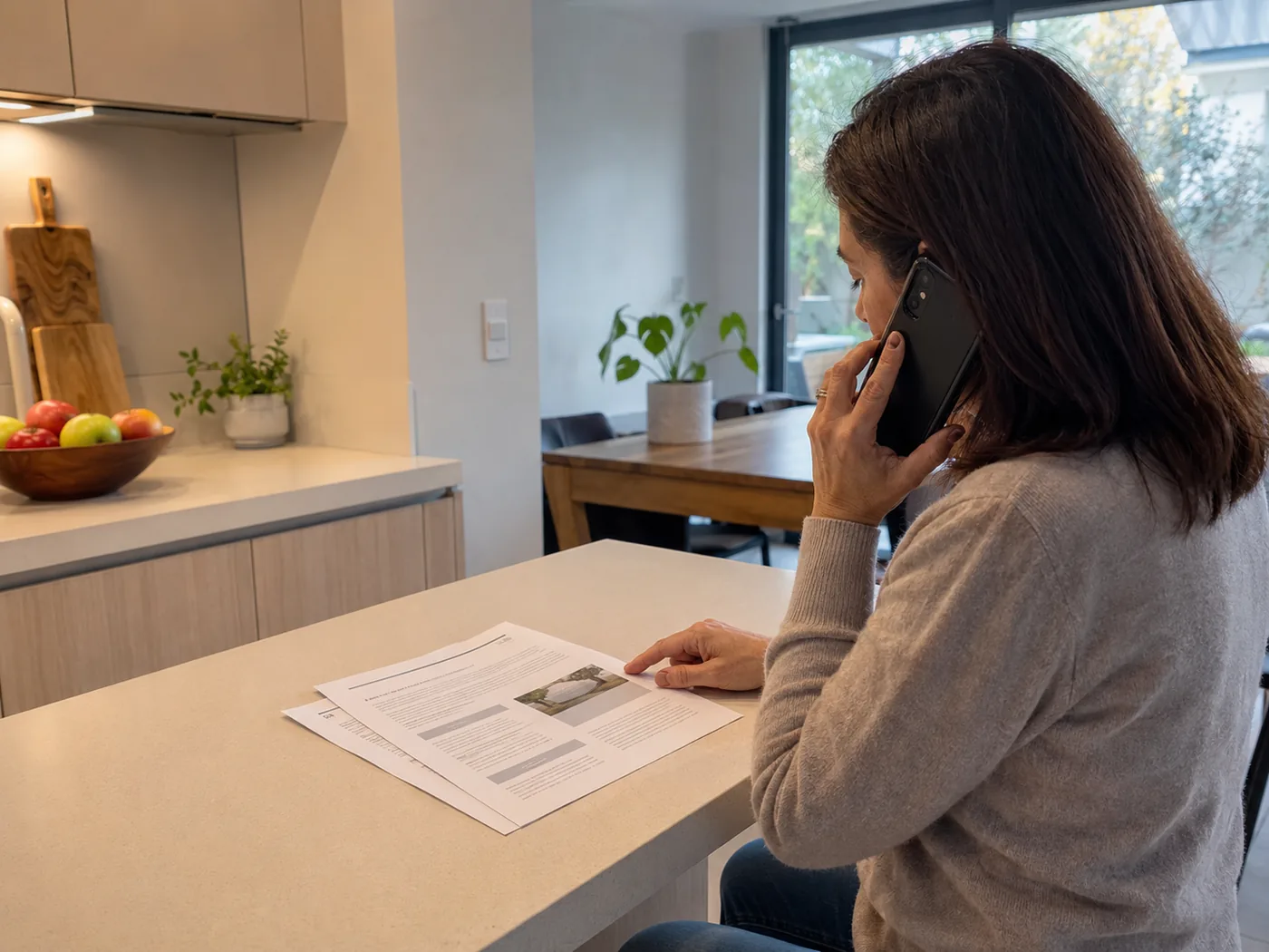 Filtraciones de agua en la vivienda: una propietaria revisa el resumen escrito sobre el mesón de su cocina mientras habla por teléfono