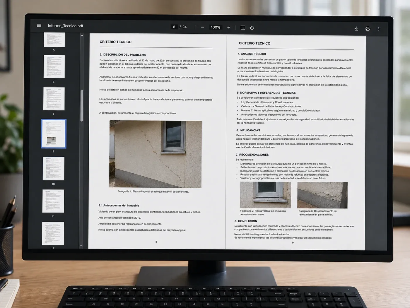 Dos páginas del informe abiertas en pantalla: a la izquierda la descripción del problema con su registro fotográfico, a la derecha el análisis técnico